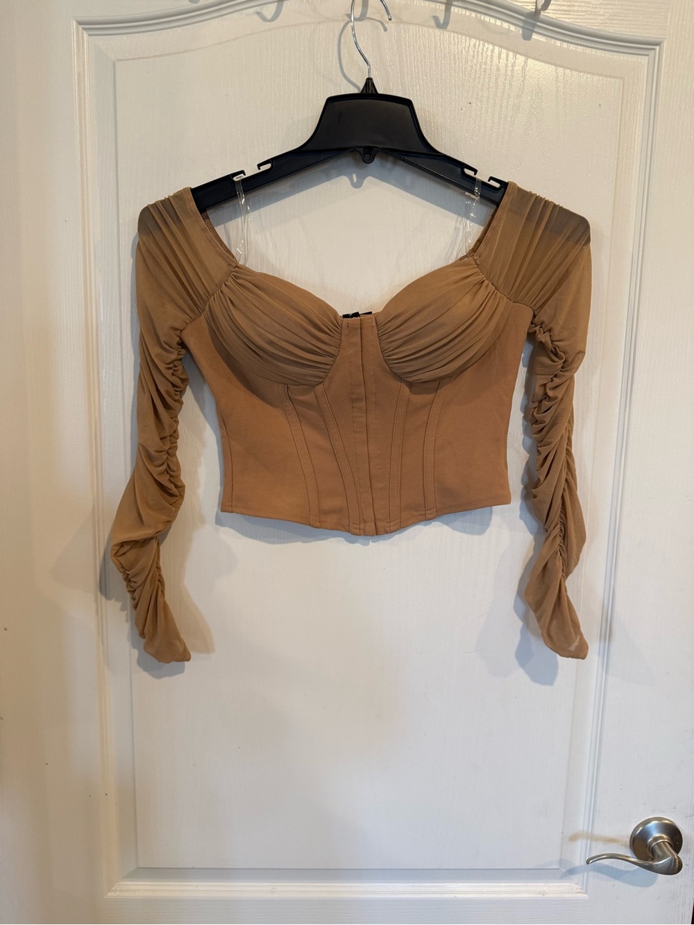 Windsor tan mesh ruched long sleeve corset bustier crop top medium new w tag